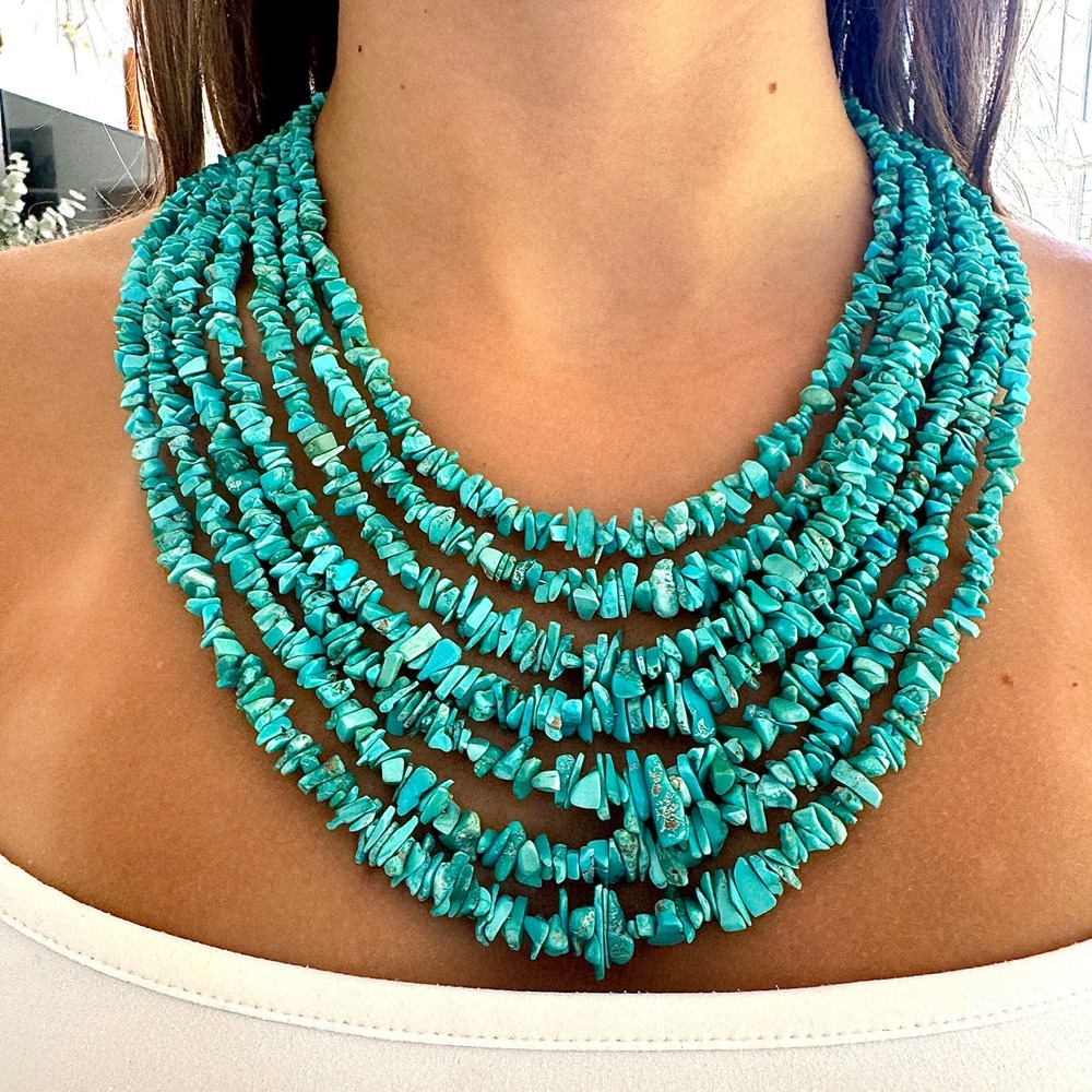 Multi Strand Natural Turquoise Bib Necklace 925 Sterling Graduated Statement Adj